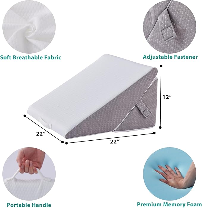 Wedge Pillow for Sleeping, Adjustable 9&12 Inch Foldable Bed Wedge Pillow Set, Orthopedic Memory Foam Triangle Pillow Wedge, 7-in-1 Elevated Pillows for Leg and Back Support, White/Grey