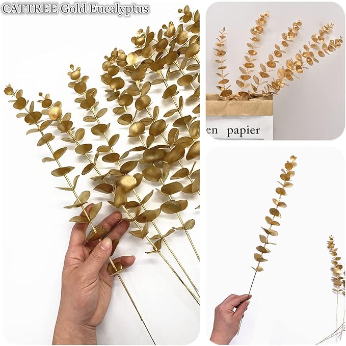 CATTREE Artificial Gold Eucalyptus, Faux Plastic Golden Plants 19" Tall 10 Pcs, Wreath Decorations Fake Shrubs for Wedding Hotel Hall Party Indoor Home Table Centerpieces DIY Decor Planting Filler