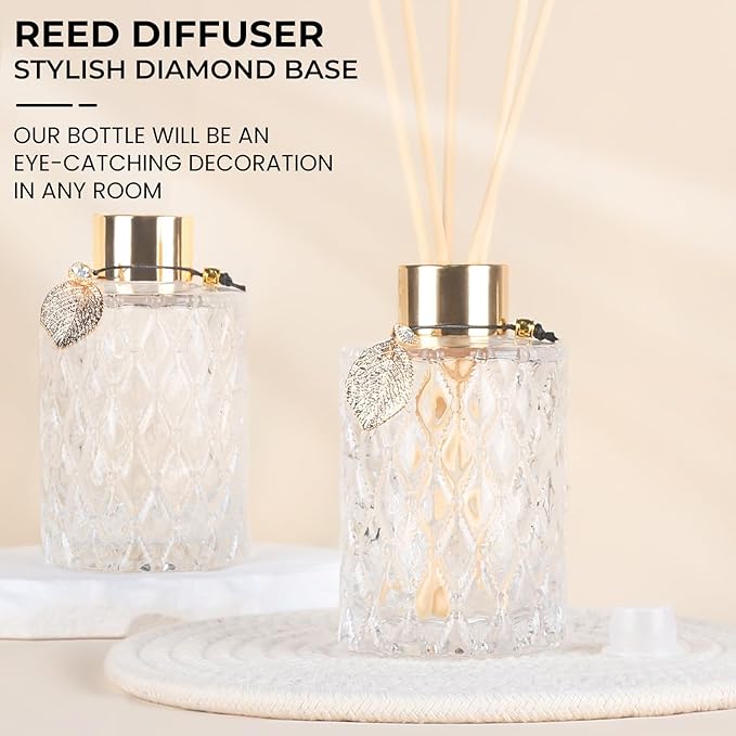 4Pcs Reed Diffuser Set with Metal Golden Decoration, 6oz Empty Reed Diffuser Bottles with 20Pcs Reed Diffuser Sticks, Unique Design Bottles for Home and Office (Large Cylinder)