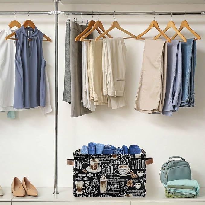 Wamika Black Coffee Beans Storage Basket Fabric Laundry Baskets Cappuccino Latte Chocolate Cocoa Storage Boxes Organizer Bag for Baby Cloth Dog Toy Book Storage Cubes Shelf Closet Bins 16x12x8 Inches