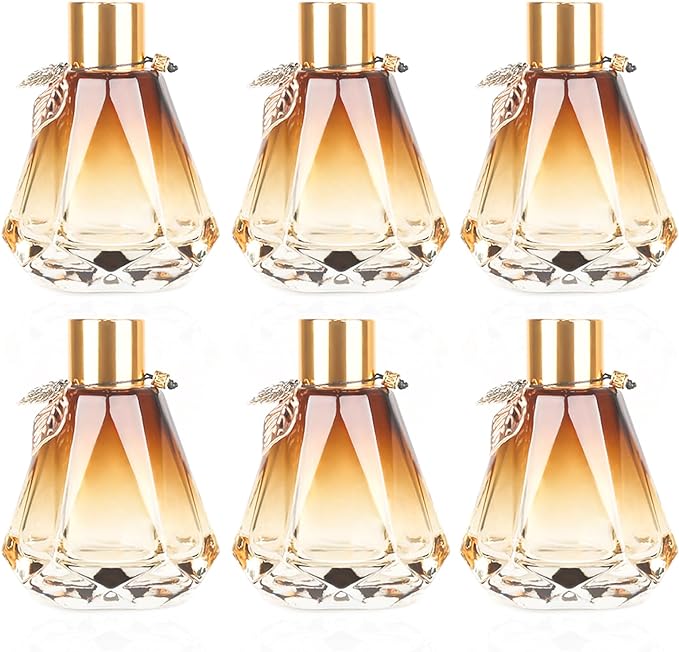 6PCS Reed Diffuser, Reed Diffuser Empty Bottles with 6PCS Delicate Gold Leaf Decor DIY, Glass Fragrance Diffuser Set with lids for Home, Bathroom, Refillable, Diamond Style Gold