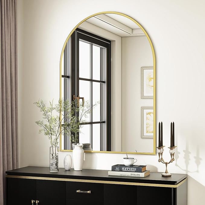 Arched Wall Mirror, 30 x 38 inch Arch Bathroom Mirror, Wall Mounted Vanity Mirror with Arch Metal Frame, Modern Bathroom Vanity Mirror for Bedroom, Living Room, Hanging or Leaning, Gold