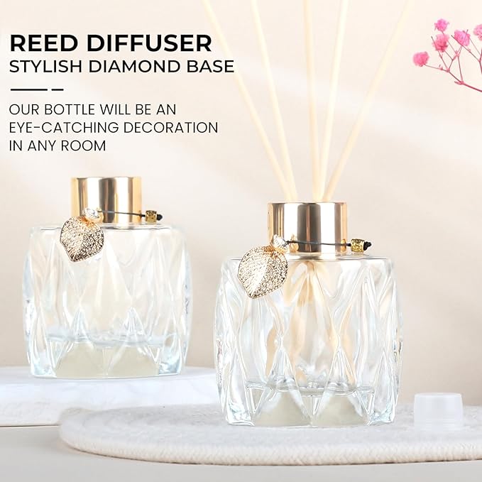 4Pcs Reed Diffuser Set with Metal Golden Decoration, 3.5oz Empty Reed Diffuser Bottles with 20Pcs Reed Diffuser Sticks, Unique Design Bottles for Home and Office(Prismatic)