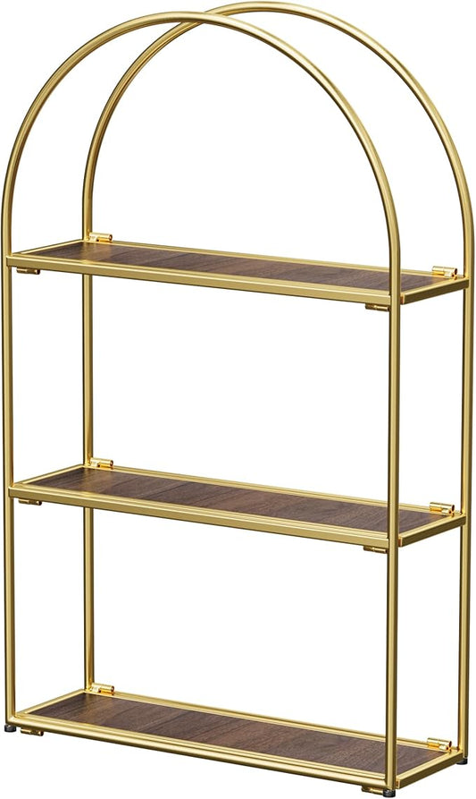 Crofy Gold Arched Frame Wall Shelf, Decorative 3 Tier Bathroom Wall Shelf with Walnut Finish Shelves and Robust Storage Capacity, 6" D x 17.9" W x 28.57" H
