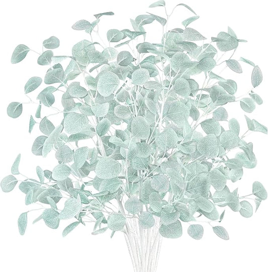 16Pcs Artificial Eucalyptus Leaves Stems 33.8’’ Long Silver Dollar Eucalyptus Faux Fake Foliage Plants Greenery Branches Bushes for Home Fireplace Office Party Decor