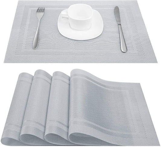DACHUI Placemats Set of 4, Linen Look Woven Place Mats, Water Resistant, Heat Resistant, Washable, Durable Table Mats (Silver)