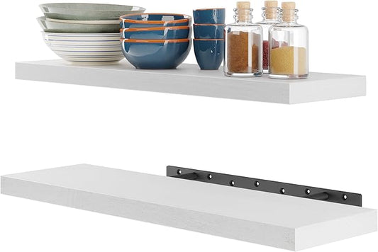 BATODA Set of 2 24" White Floating Shelves Wall Mounted for Bathroom – Wooden Decorative Wall Bookshelf - Storage Shelf Organizer for Home, Bedroom, Kitchen - Black Bracket, Shelving Mounting Included
