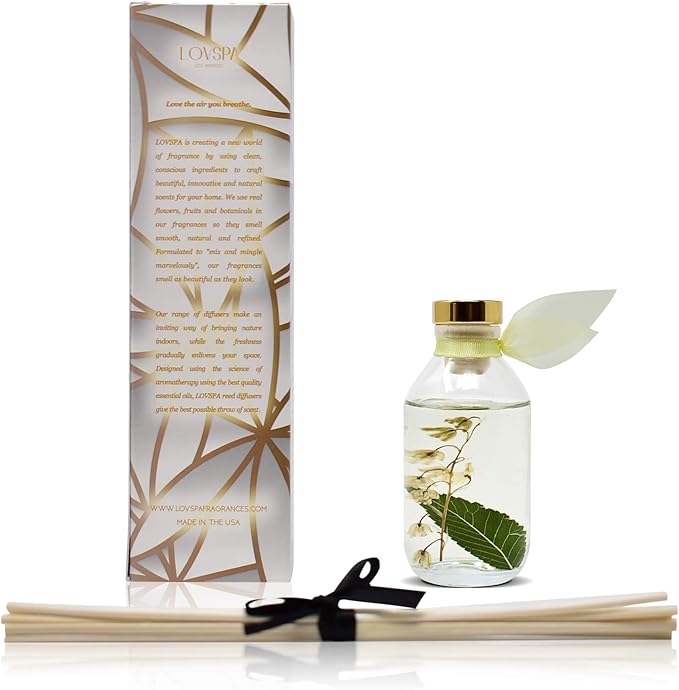 LOVSPA Japanese Honeysuckle Reed Diffuser Set - Fresh Floral Bouquet Scent Diffuser - Reed Diffusers for Home with Long Lasting Fragrance - Non-Toxic Oil Reed Diffuser - Made in The USA