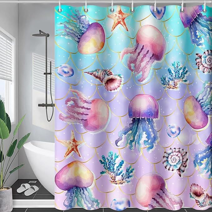 AILONEN Ocean Jellyfish Shower Curtain for Bathroom, Cute Jellyfish Mermaid Printed Bathroom Curtain,Girls Women Kids Coral Bath Curtain 72"W*72"H Polyester Waterproof Bathroom Curtain With 12 Hooks