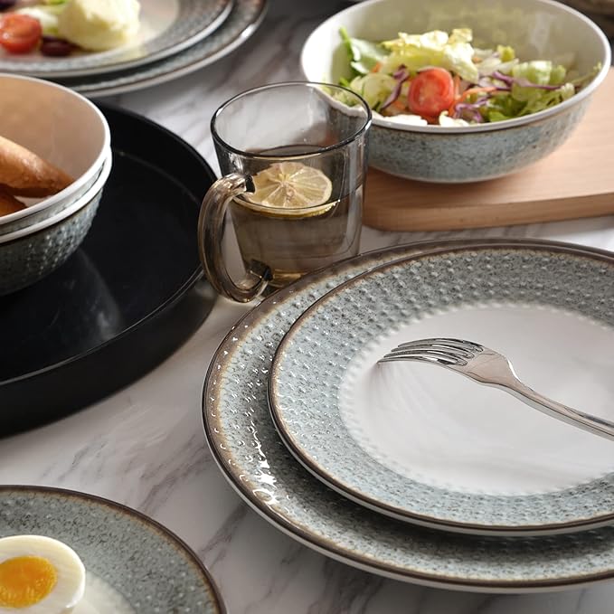 Melamine Dinnerware Sets,12pcs Plates and Bowls Sets, Melamine Dishes Set for 4, Unbreakable,Dishwasher Safe, BPA Free,Great for Indoor Use,Camping, BBQ,RV, Party,Rustic Style (Teal)