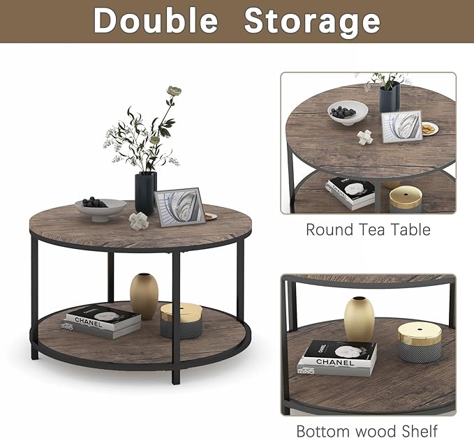 NSdirect Round Coffee Table, 25.6" Small Wood Coffee Table for Living Room, Rustic Modern Farmhouse Style, 2-Tier Storage Shelf Compact Space-Saving Design for Small Spaces, Walnut