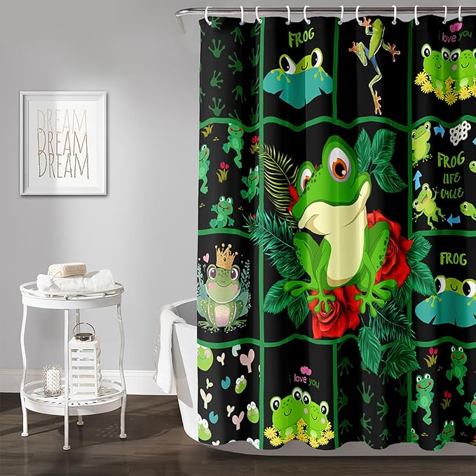 AILONEN Cartoon Frog Shower Curtain 72" W*84" H,Funny Frog Cartoon Green Animal Shower Curtain,Frog Lover Curtain Bathroom Decor Shower Curtain with 12 Hooks