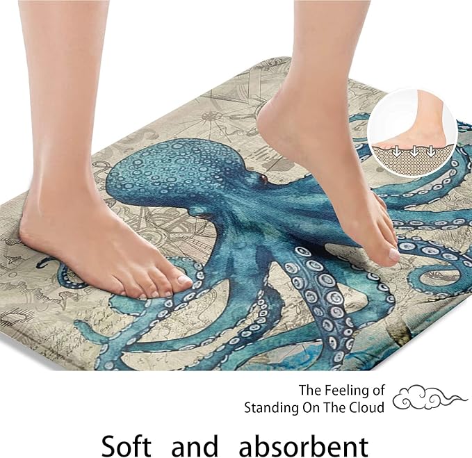 Britimes Blue Bath Mat for Bathroom, Sea Theme Octopus Washable Cover Floor Rug Carpets Floor Mat Bathroom Decorations 18x30 Inches for Kitchen Bedroom Indoor