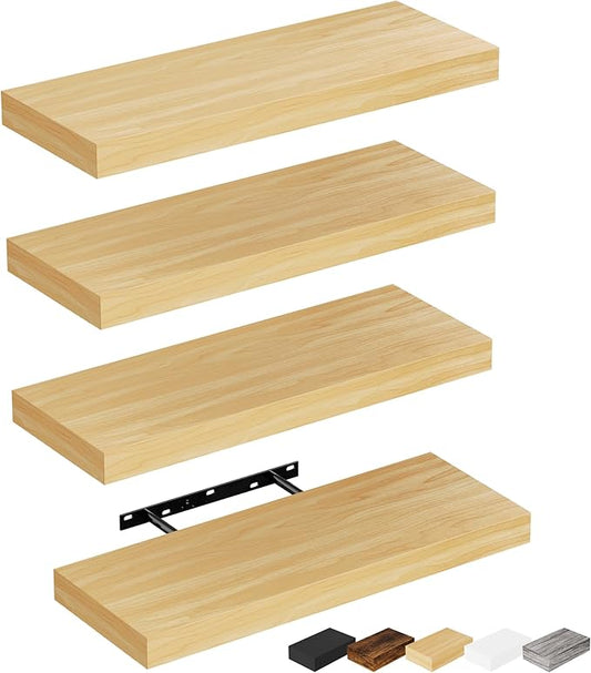 Bellsal Floating Shelves for Wall, Maple Wood Wall Shelf Set of 4, 16" Wall Mounted Floating Shelf for Kitchen, Living Room, Bedroom, Bathroom Storage, Book Shelfs for Home Decor Frame Display