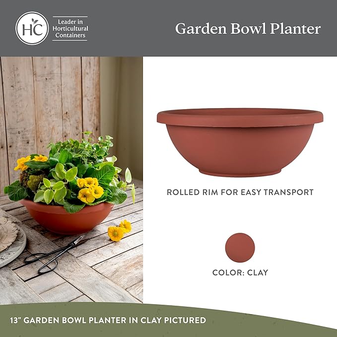 The HC Companies Shallow Planter with Drainage - Contemporary Garden Bowl Planter for Flowers, Herbs & More - Round Succulent Planter Pot for Indoors and Outdoors (24" Clay, Pack of 2)