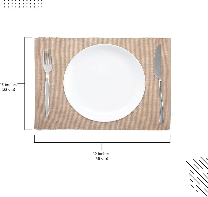 Encasa XO Dining Placemat Set of 6 | Solid Beige Color | Fine Ribbed Cotton Table mat | Size 19x13 in | Machine Washable