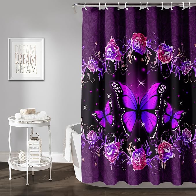 AILONEN Girls Butterfly Shower Curtain for Bathroom, Purple Rose Floral Butterfly Bathroom Curtain,Flying Butterfly Bath Curtain 72" W*96" H Polyester Waterproof Bathroom Curtain with 12 Hooks