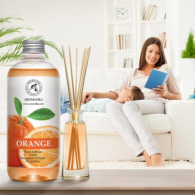 Orange Reed Diffuser Refill 17 Fl Oz (500ml) - Room Fragrance Diffuser with Natural Essential Orange Oil - Best for Aromatherapy - Reed Diffuser Oil Refill Orange for Spa - Home - Kitchen - Office
