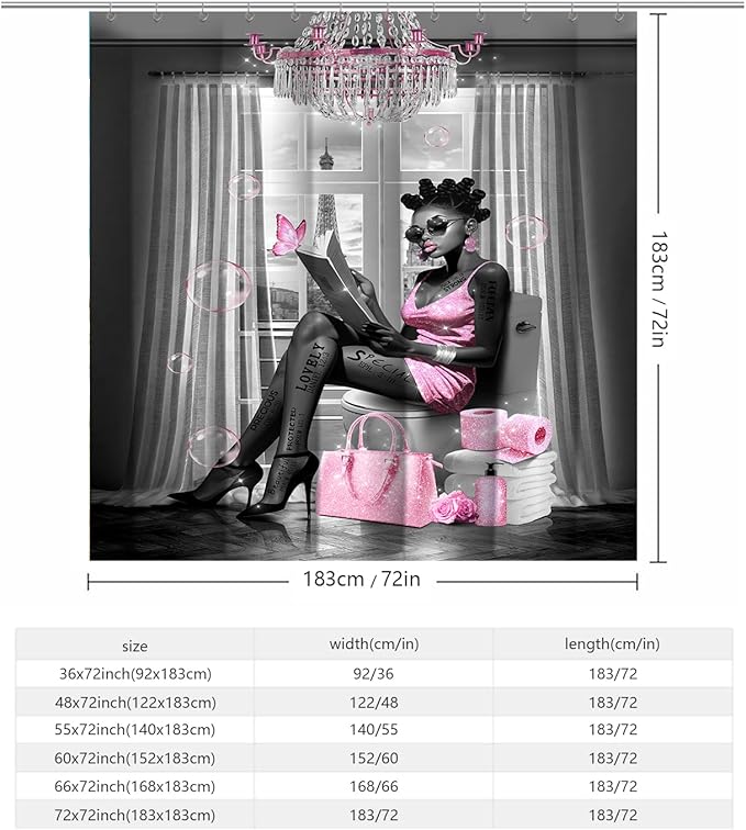 African American Shower Curtain Fashion Black Girl Shower Curtains for Bathroom Decor Grey Pink Waterproof Polyester Fabric Afro Black Women Bathroom Curtain with Hooks 55x72 Inch