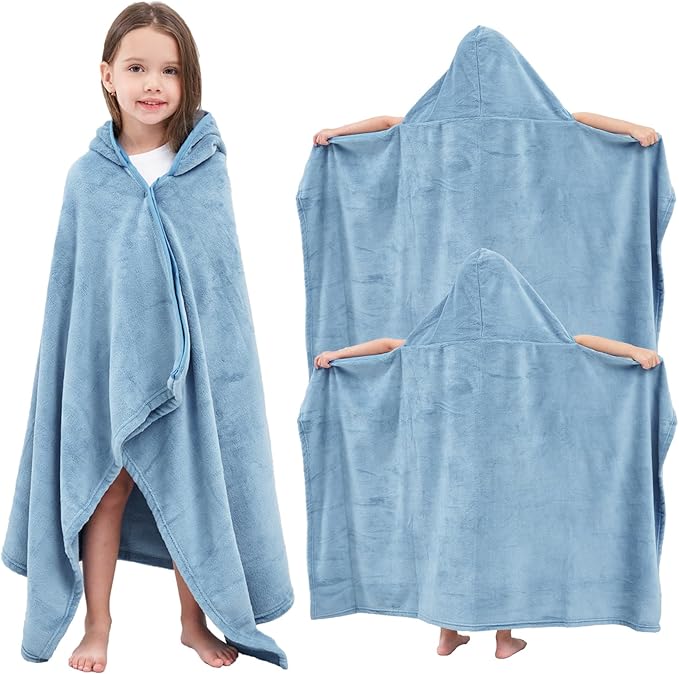 Hiturbo 2Pcs Kids Fleece Hooded Towel: Soft Plush Warm Blanket - 50"x30" Pool Beach Bath Swim Towel Wrap for 3-12 Yrs (Blue)