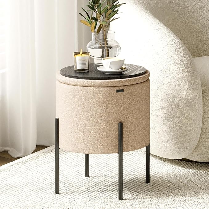 STORAGEBUD Round Ottoman with Storage, Boucle Storage Ottoman, Foot Stool Ottoman, Makeup Vanity Stool, Small Ottoman Foot Rest, Modern Ottomans for Living Room and Bedroom, Beige