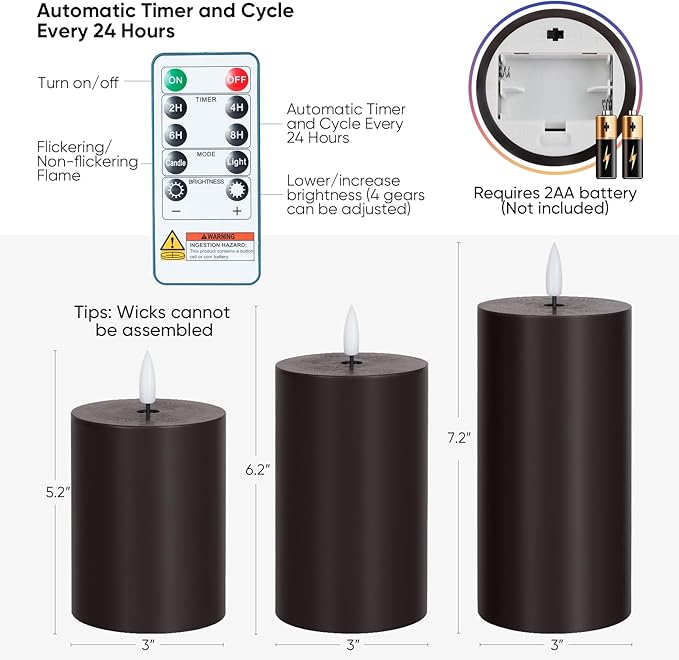 Homemory Halloween Black Flameless Candles Battery Operated with Remote Timer, Real Wax LED Pillar Candle for Halloween Decoration Indoor and Home Decor Gifts, H456, Set of 3