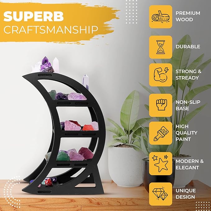 Wooden Crystal Display Shelf - Crystal Holder for Stones and Essential Oil - Black Witchy Decor Crescent Moon Phrase Decorative Shelves for Table Top - Unique Crystal Shelf Display Stand