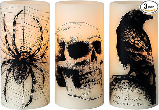 Eldnacele Halloween Flickering Candles with Skull, Spider Web, Crow Raven Decals Set of 3, Battery Operated Halloween Themed LED Candles Horror Spooky Decoration