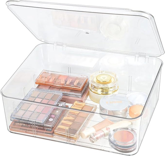 Clear Storage Container Drawer Organzier Dividers,Removable Divided Plastic Storage Bin with Lid, Storage Organizer for Scarves Ties Bras,Clear Dresser Organizers (Large-No Grids)