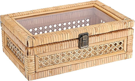 Hipiwe Rattan Display Box with Clear Lid Rectangular Wicker Storage Basket Bin with Metal Secure Latch Handwoven Natural Rattan Decorative Box Small Shelf Organizer Basket for Snacks Remotes