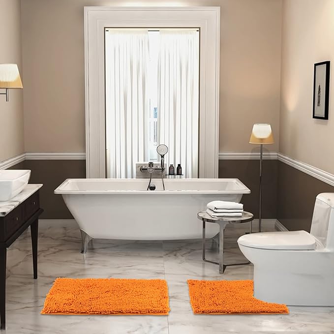 VAGAU Bathroom Rugs 2 Pieces Chenille Bath Rug Mat, Extra Thick and Soft Absorbent Bath Rugs, Machine Washable, Non-Slip Plush Bath Mats for Tub, Shower, and Bath Room (Orange)