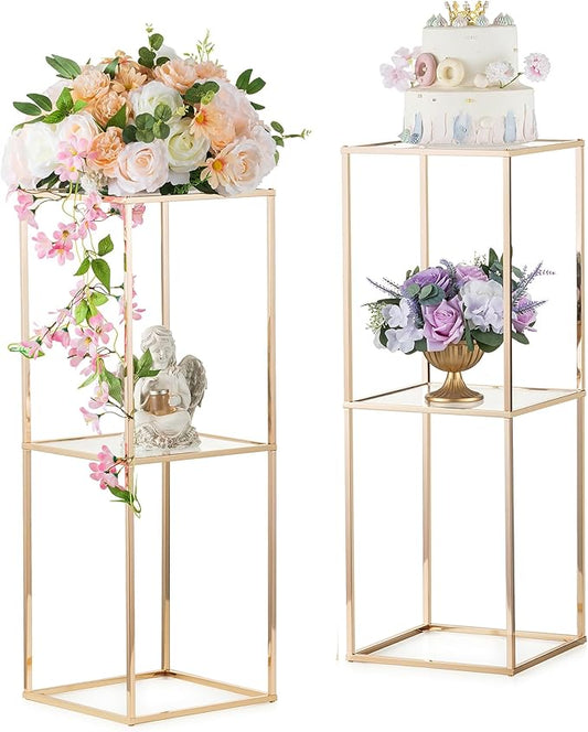 Gold Plant Stand Centerpieces for Table: 31.5 inch with 2-Layer, Tall Centerpieces for Wedding Table, Gold Center Pieces Decoration Wedding Reception, 2 Packs