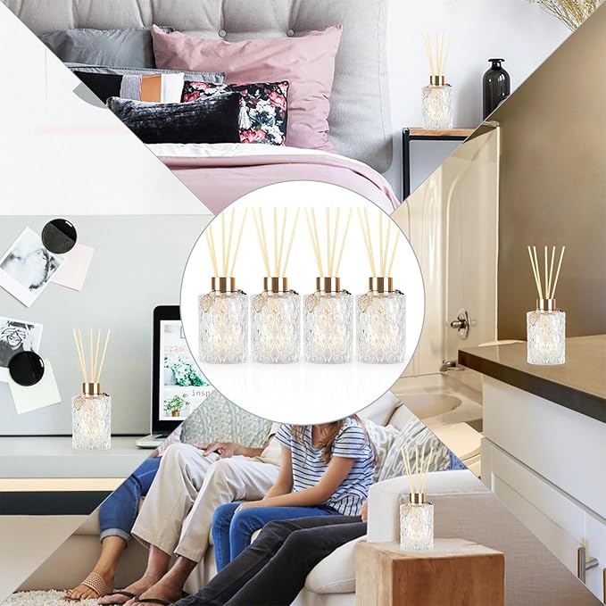 4Pcs Reed Diffuser Set with Metal Golden Decoration, 6oz Empty Reed Diffuser Bottles with 20Pcs Reed Diffuser Sticks, Unique Design Bottles for Home and Office (Large Cylinder)