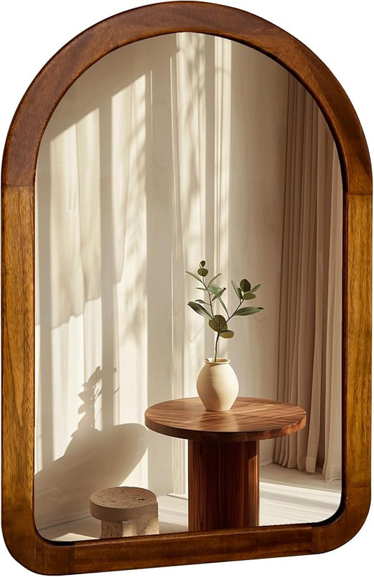 Arched Mirror 24 x 36 Inch,Brown Wood Rustic Bathroom Tempered Wall Mirror with Wood Frame,Round Corner Arch Farmhouse Wooden Vanity Mirror for Living Room,Entryway or Bedroom（Walnut Brown）