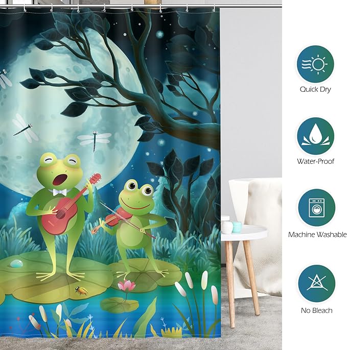 Aimego Funny Frog Shower Curtain - Cute Cartoon Frogs Dragonfly Lotus Leaf Floral Pond Wildflower Moon Fun Bath Shower Curtain Set with 12 Hooks for Kids Adults Bathroom Decor Accessories,72"x72"