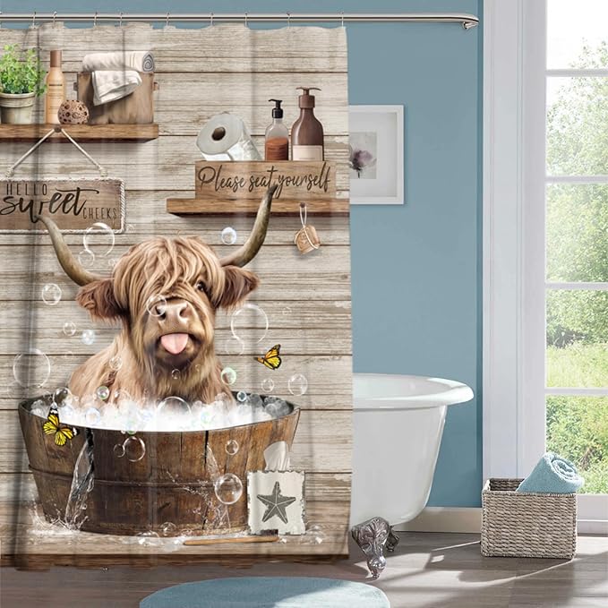 Farmhouse Highland Cow Shower Curtain Funny Western Farm Animal Bull Shower Curtains for Bathroom Decor Waterproof Polyester Fabric Country Cattle Bathroom Curtain with Hooks 55x72 Inch
