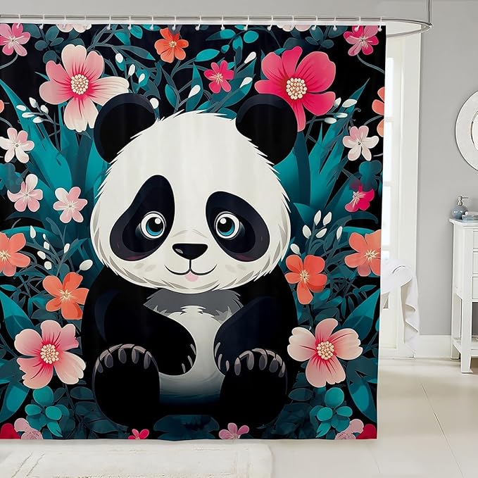 Feelyou Panda Fabric Shower Curtain Cute Panda Shower Curtain for Boys Girls Cartoon Bathroom Waterproof Accessories with 12 Hooks Flower Pattern Curtains,72x72 Inches