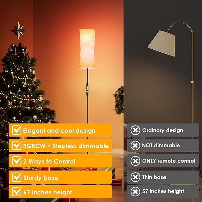 RGB Corner Floor Lamp - 67” Modern Tall Standing LED Light with Remote Touch Switch - 1800K-5500K Ambiance Color Changing Dimmable Floor Lamps for Living Room Bedroom Office Gaming Room New