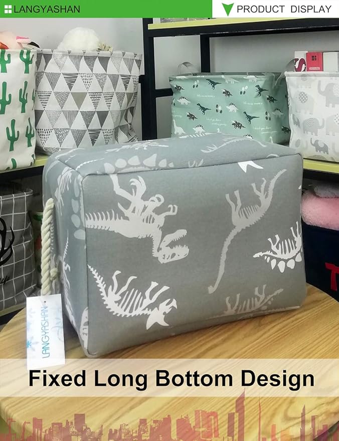 LANGYASHAN Rectangular Storage Bin Collapse Canvas Fabric Cartoon Storage Basket with Handles for Organizing Home Kitchen Boys and Girls Toys Office Closet Shelf Baskets (Rec Gray Dinosaur skeleton)