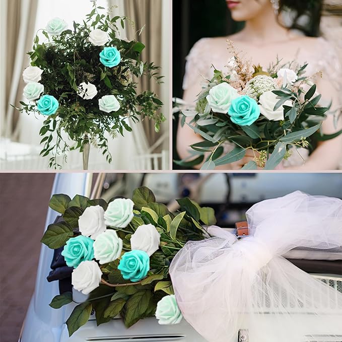 50PCS Artificial Flowers Green Series Roses Real Looking Foam Fake Roses with Leaves and for DIY Wedding Bouquets Bridal Shower Centerpieces Party Decorations (Green Series, 50)