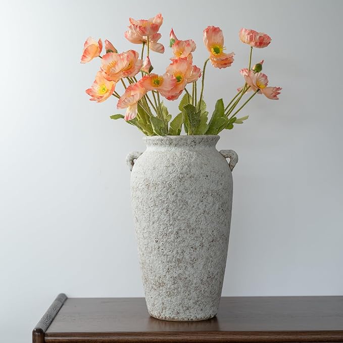 Ceramic Rustic Farmhouse Vase with 2 Handles, 12.2'' Tall Large Vintage Stoneware Clay Decorative Handmade Terracotta Pottery Flower Vase for Home Living Room Decor Table Entryway Grey White