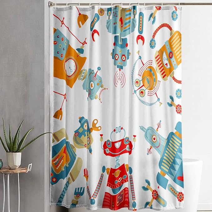 AILONEN Kawaii Robots Shower Curtain,Cartoon Robot Waterproof Fabric Shower Curtain Set for Boys Teens Kids, 72" W*78" H Watercolor Robot Bathroom Decors