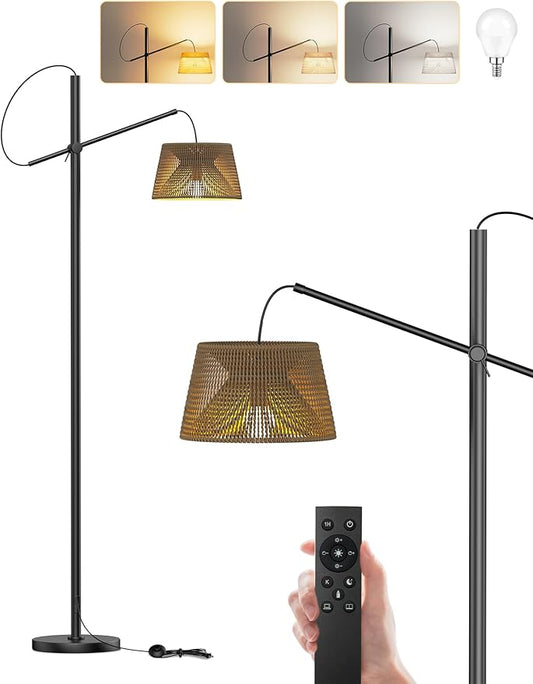 Arc Floor Lamp with Remote, Boho Floor Lamp with 3 Color Temperatures, 2700K-6500K Dimmable Rattan Standing Lamp with LED Bulb and Foot Switch, Adjustable Tall Lamp for Living Room Bedroom