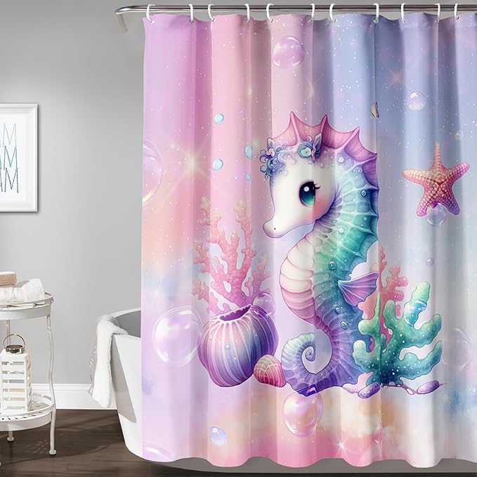 AILONEN Cute Seahorse Shower Curtain for Kids Girls,Rainbow Seahorse Bath Curtain,Ocean Coral Starfish Kawaii Shower Curtain Waterproof for Bathroom Decor with 12 Plastic Hooks, 48" W*72" H