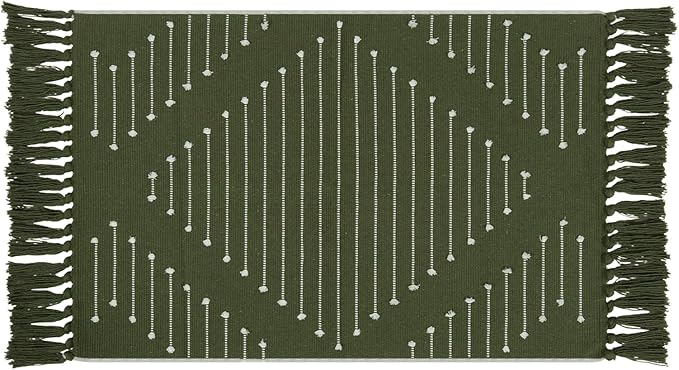 LIVEBOX Boho Bathroom Rug 2' x 3' Washable Green Rugs Small Moroccan Throw Rug for Bath,Cotton Woven Area Rug Carpet with Tassel for Entryway Kitchen Sink Front Door