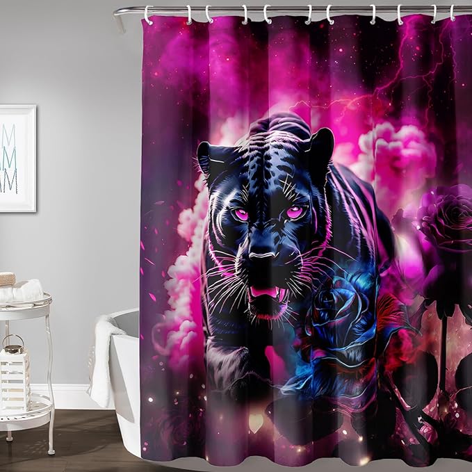 AILONEN 3D Black Panther Shower Curtain for Bathroom,Romantic Rose Smoky Leopard Printed Bath Curtain,Wildlife Cheetah Decoration Shower Curtain Waterproof 72" W*72" H