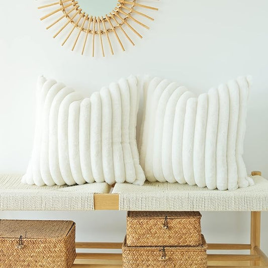 JOJUSIS Pack of 2 Faux Fur Plush Decorative Throw Pillow Covers Couch Cushion Case Soft Pillowcases (White, 18 x 18-Inch)