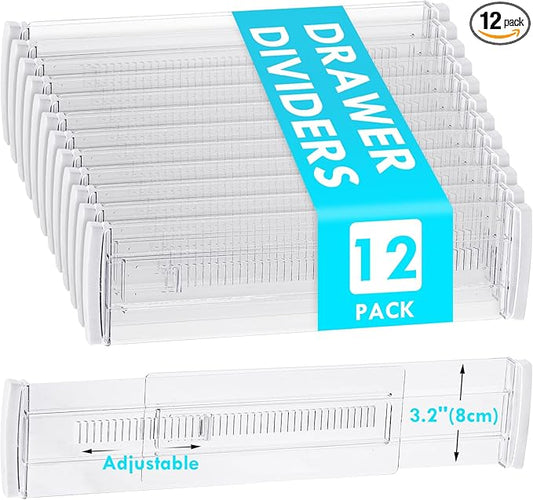 Drawer Dividers, 12 Pack Adjustable Drawer Organizers 3.2" High Expandable from 11.3-20" Clear Expandable Dresser Organizer for Clothes Kitchen Utensils Cutlery Drawer Organizers Set