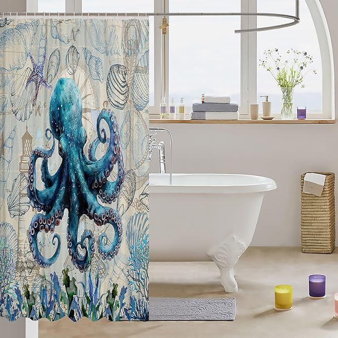 Feelyou Octopus Fabric Shower Curtain Sea Themed Shower Curtain for Kids Boys Girls Shells and Corals Bathroom Waterproof Accessories with 12 Hooks Blue and Brown Curtains,72X78 Inches
