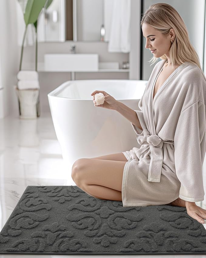 DEXI Bathroom Rug 24x36, Non Slip Washable Bath Mat for Shower Floor, Absorbent Soft Bathmat with Rubber Backing, Plush Fluffy Microfiber Floral Retro Carpet, Dark Grey
